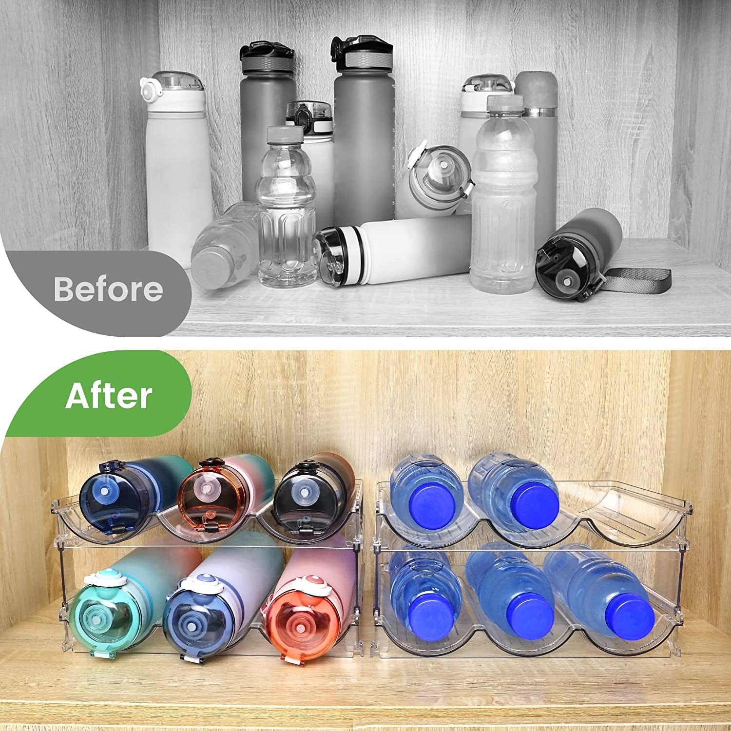 Stackable Water Bottle Storage Organizer. 2-Pack Stackable Water Bottle Storage Rack, for Cabinets, Pantry & Refrigerator