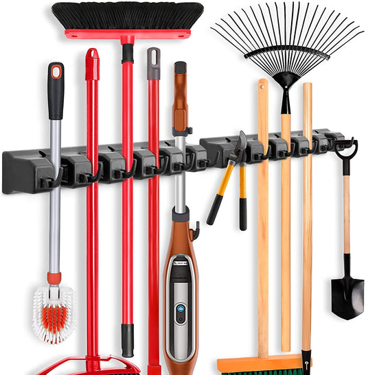 Maximize Your Space with 2 Pack Wall Mounted Mop and Broom Holder - 5 Ball Slots & 6 Hooks Organizer (Black)