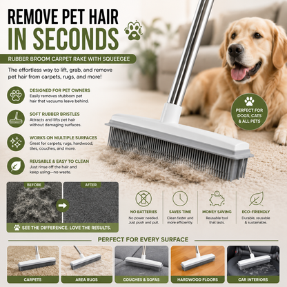 Rubber Broom Carpet Rake with Squeegee Long Handle for Pet Hair Fur Remover Broom for Fluff Carpet Hardwood Floor No Scratch