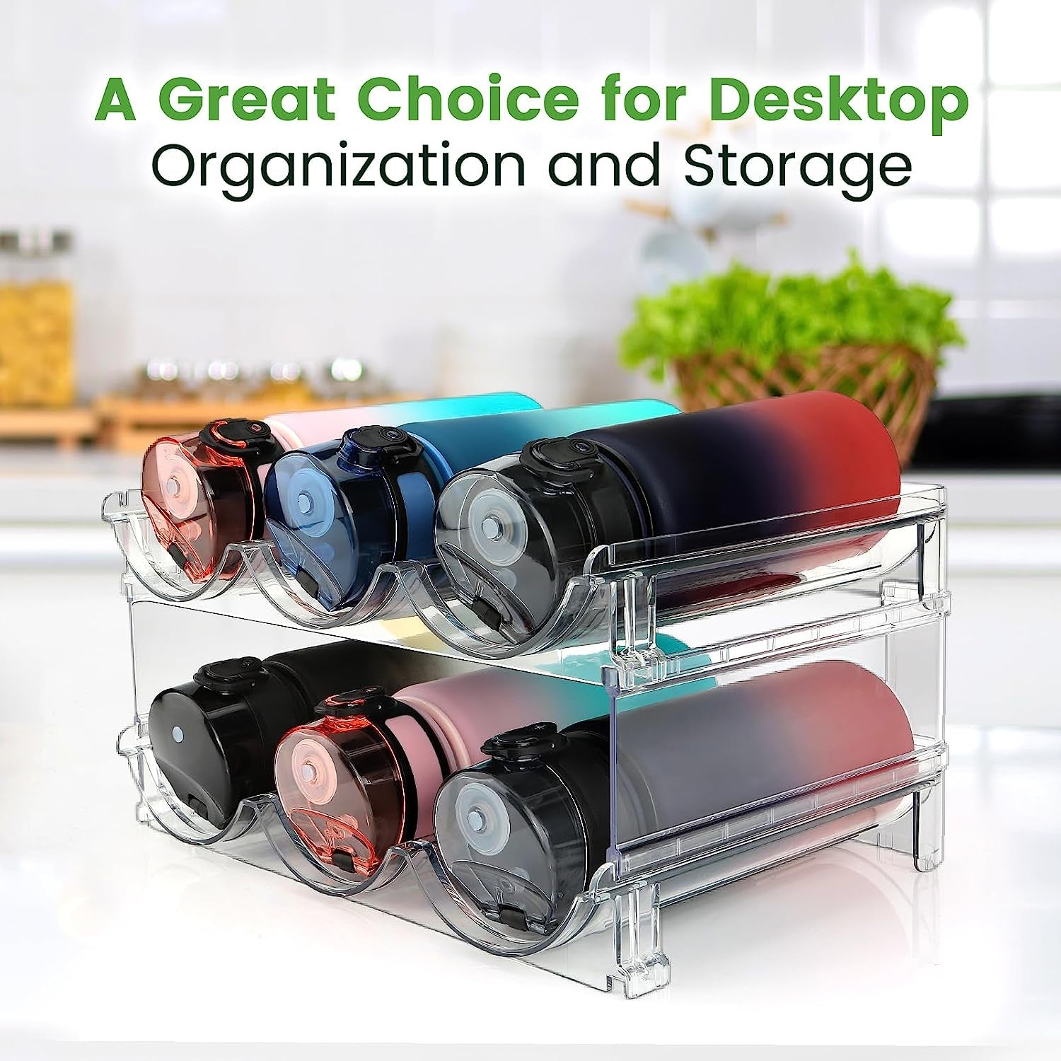 Stackable Water Bottle Storage Organizer. 2-Pack Stackable Water Bottle Storage Rack, for Cabinets, Pantry & Refrigerator
