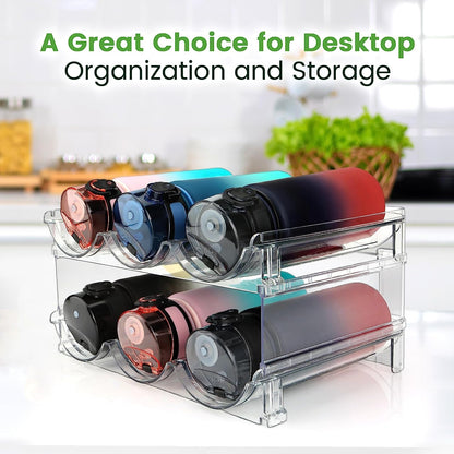Stackable Water Bottle Storage Organizer. 2-Pack Stackable Water Bottle Storage Rack, for Cabinets, Pantry & Refrigerator