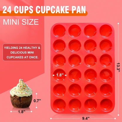 Silicone Cupcake Pan Set, 2-Piece Mini 24 Cups Muffin Baking Pan, BPA Free and Dishwasher Safe, Non-Stick , Great for Making Muffin Cakes, Fat Bombs