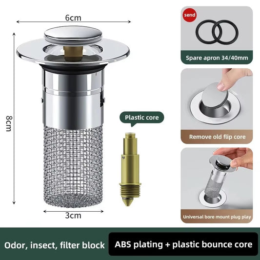 Washbasin Leak Plug – Stainless Steel Odor-Proof Bouncing Core, Press-Type Universal Sink Drain Stopper, Easy-Install Washbasin Accessory