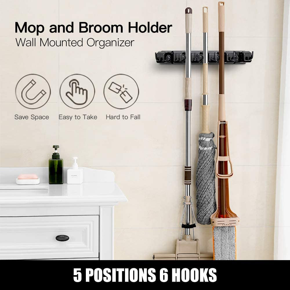 Maximize Your Space with 2 Pack Wall Mounted Mop and Broom Holder - 5 Ball Slots & 6 Hooks Organizer (Black)
