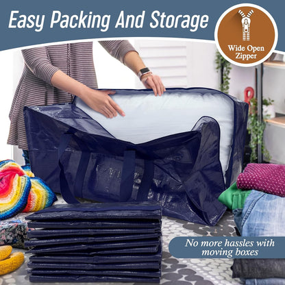Large Extra Heavy-Duty Moving Bags (6-Pack) – Reinforced Handles, Strong Zippers & Oversized Storage for Clothes, Dorm Supplies & Bedding