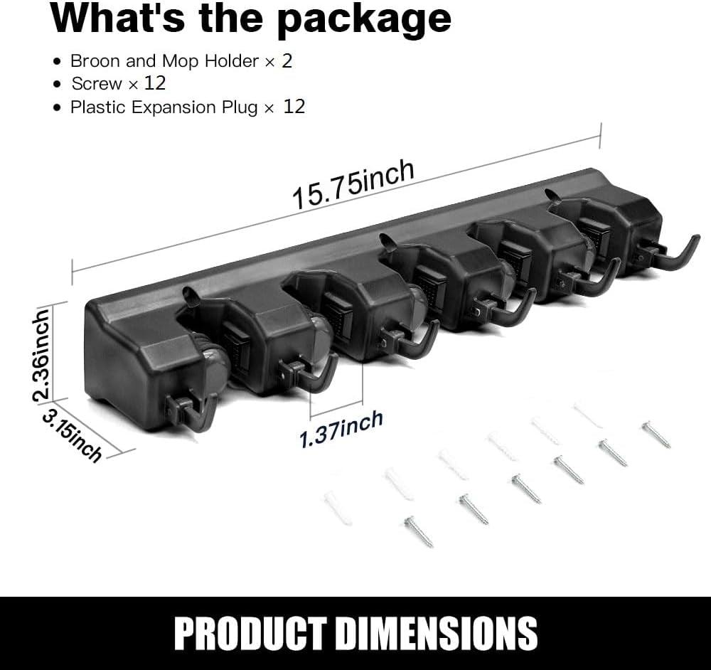 Maximize Your Space with 2 Pack Wall Mounted Mop and Broom Holder - 5 Ball Slots & 6 Hooks Organizer (Black)