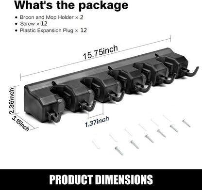 Maximize Your Space with 2 Pack Wall Mounted Mop and Broom Holder - 5 Ball Slots & 6 Hooks Organizer (Black)