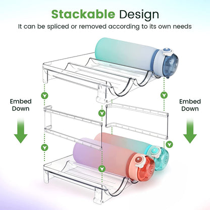 Stackable Water Bottle Storage Organizer. 2-Pack Stackable Water Bottle Storage Rack, for Cabinets, Pantry & Refrigerator